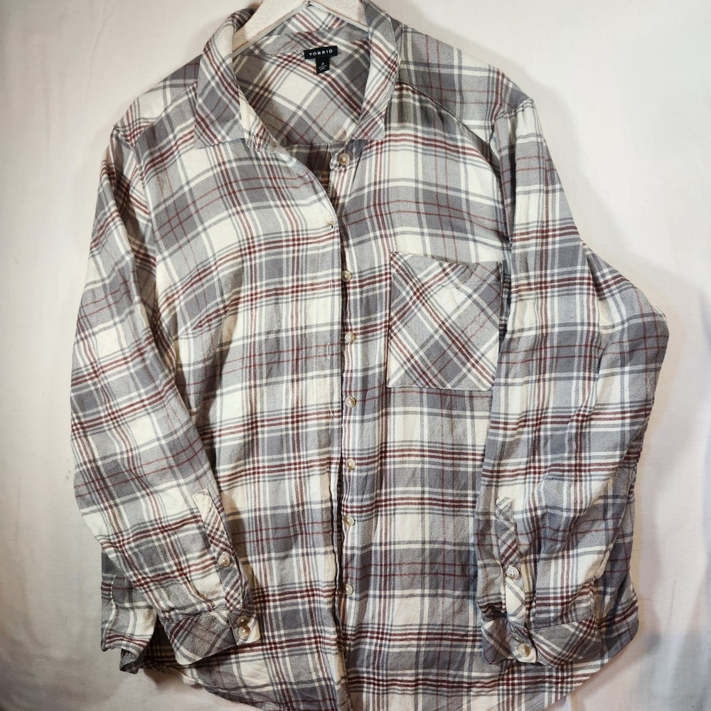 Torrid Womens Plus 3 Grey Burgundy Plaid Flannel Button Down Shirt Long Sleeve